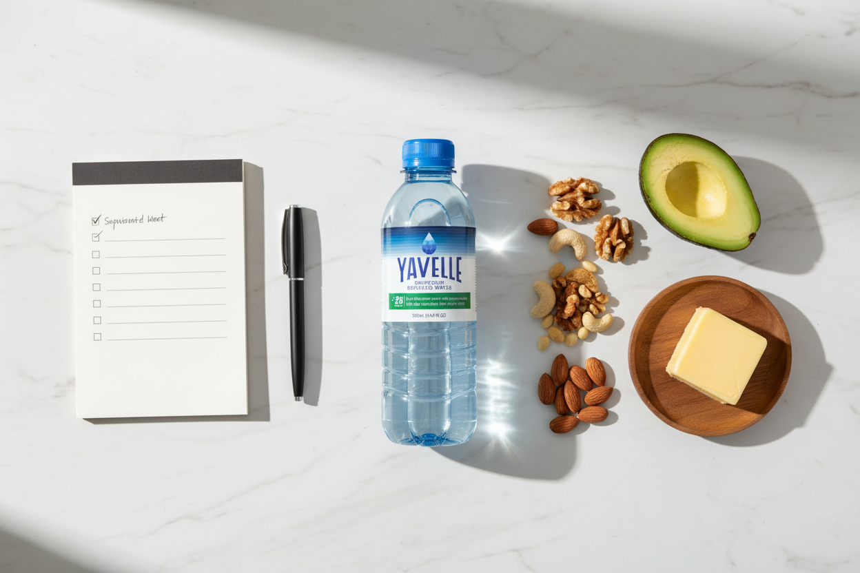 A Yavelle deuterium-depleted water bottle beside a checklist notebook, pen, avocado and nuts on white marble, representing a mindful and consistent deuterium depletion routine