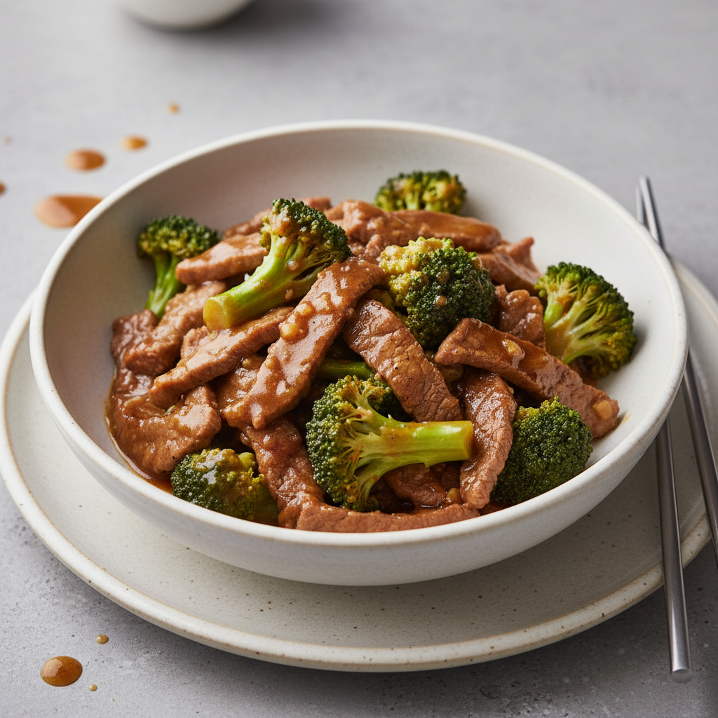 A bowl of low deuterium Beef and Broccoli with grass-fed steak strips, bright broccoli florets and a glossy savoury sauce