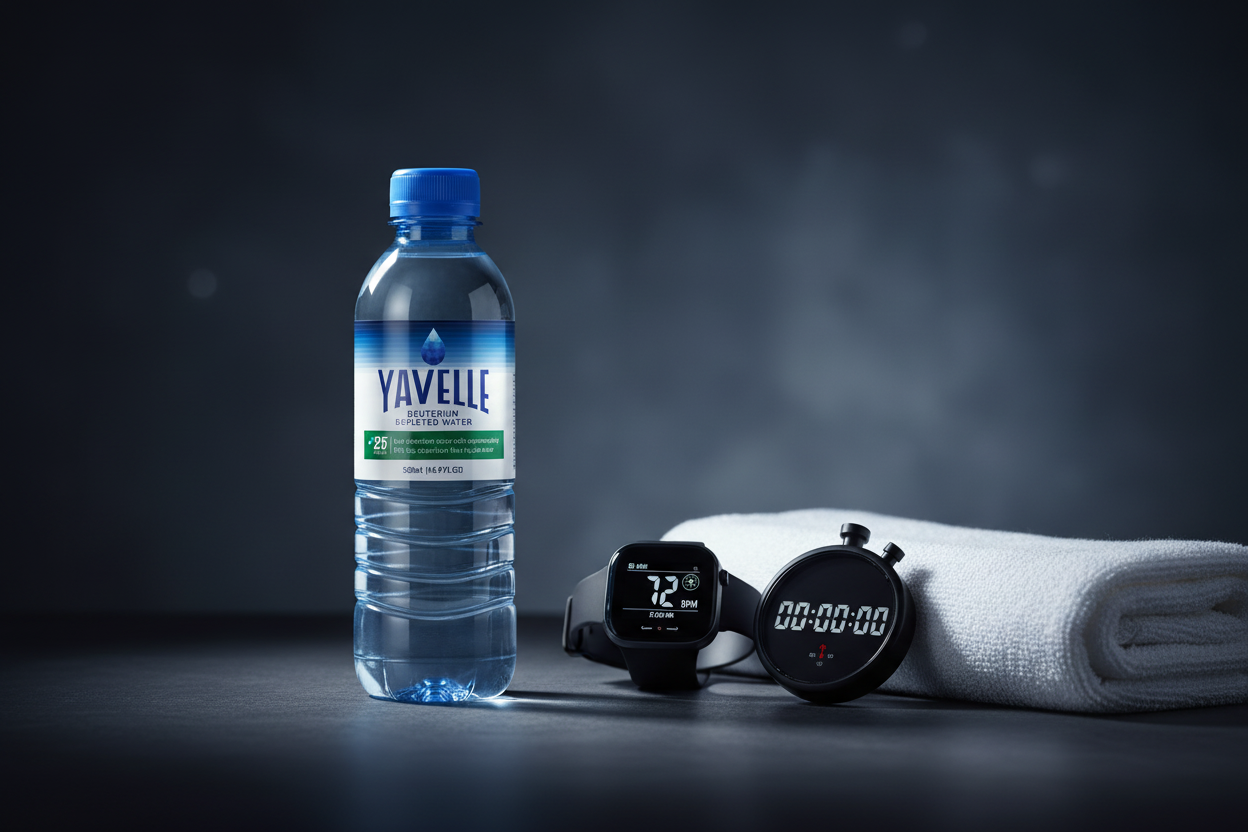 Yavelle 25ppm deuterium-depleted water bottle with athletic performance equipment on a dark surface — DDW and sports recovery