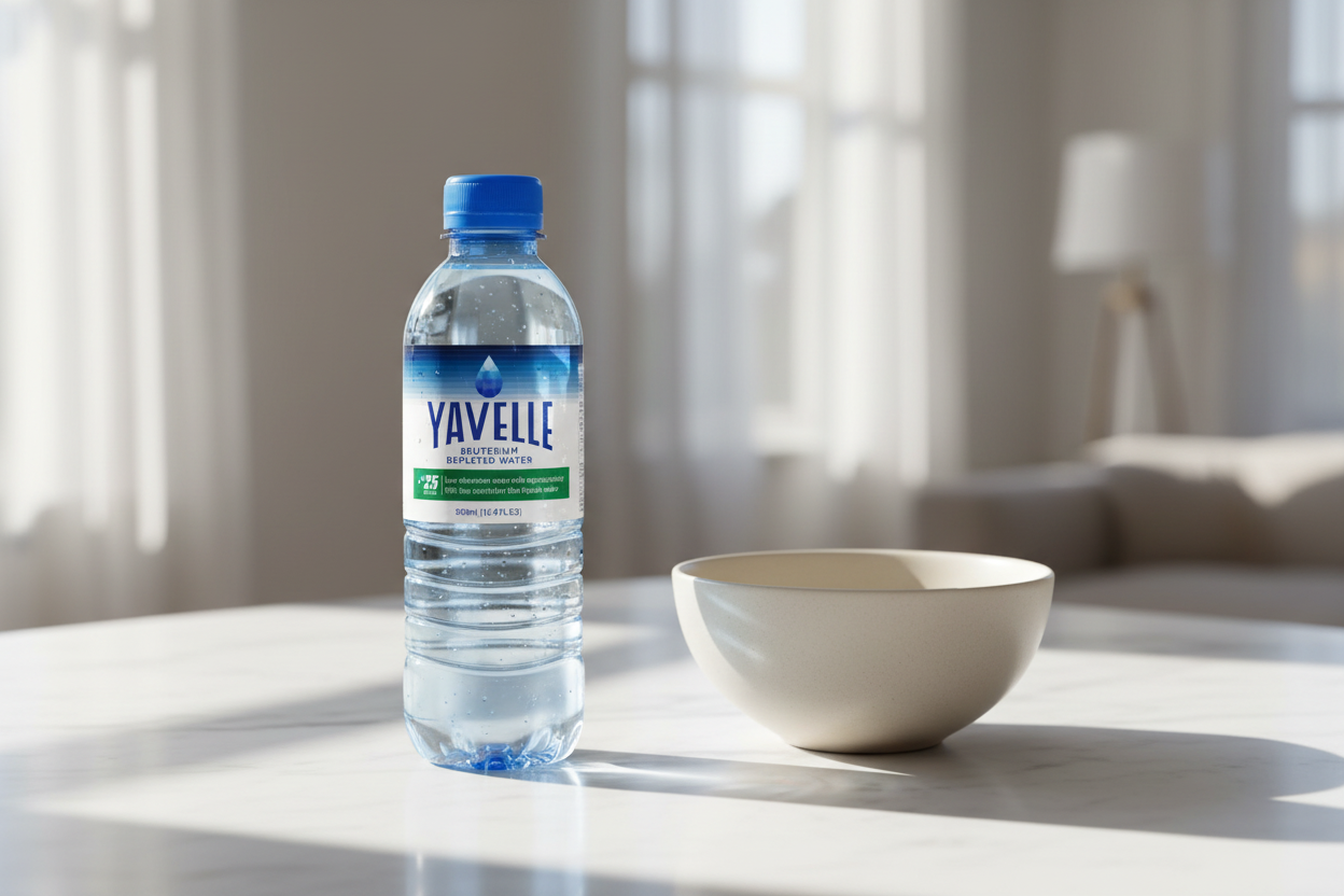 A Yavelle 25ppm deuterium-depleted water bottle on a white marble surface in soft morning light, beside an empty bowl representing an intermittent fasting window.