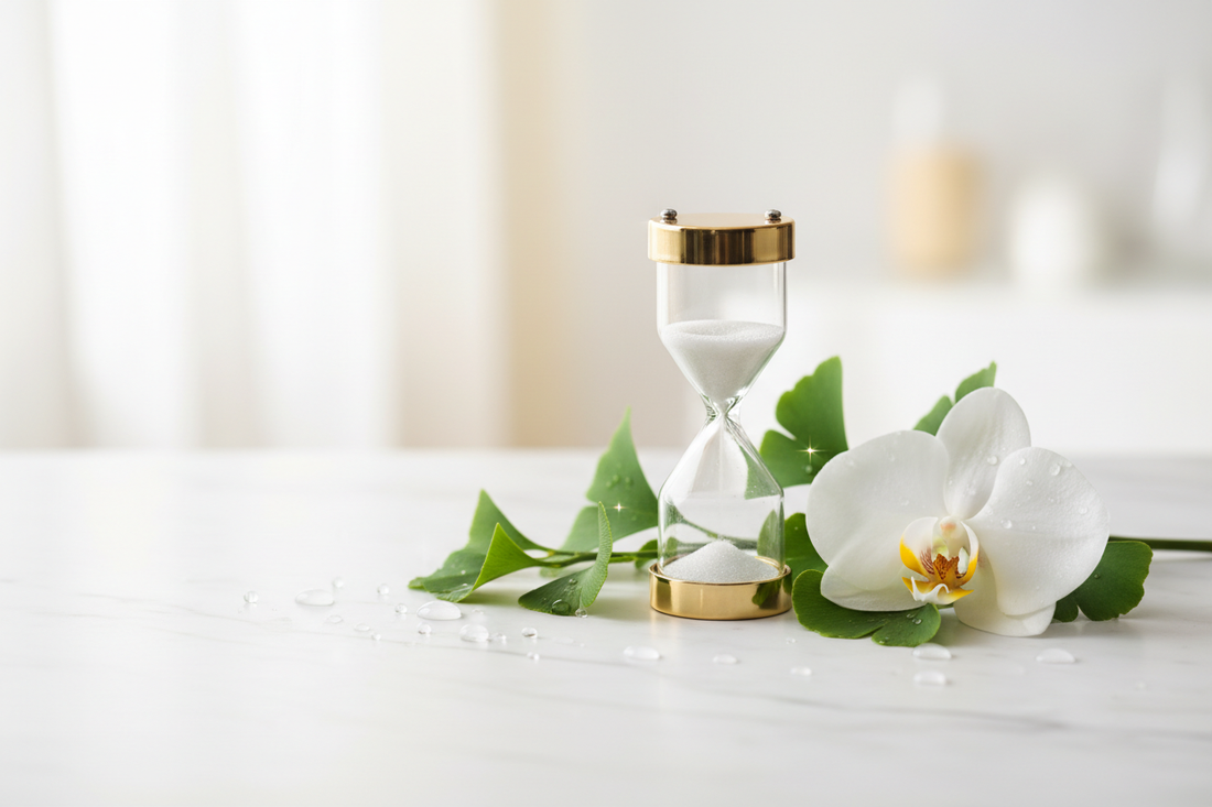 Hourglass, white orchid and fresh green leaves on white marble — DDW and longevity science by Yavelle