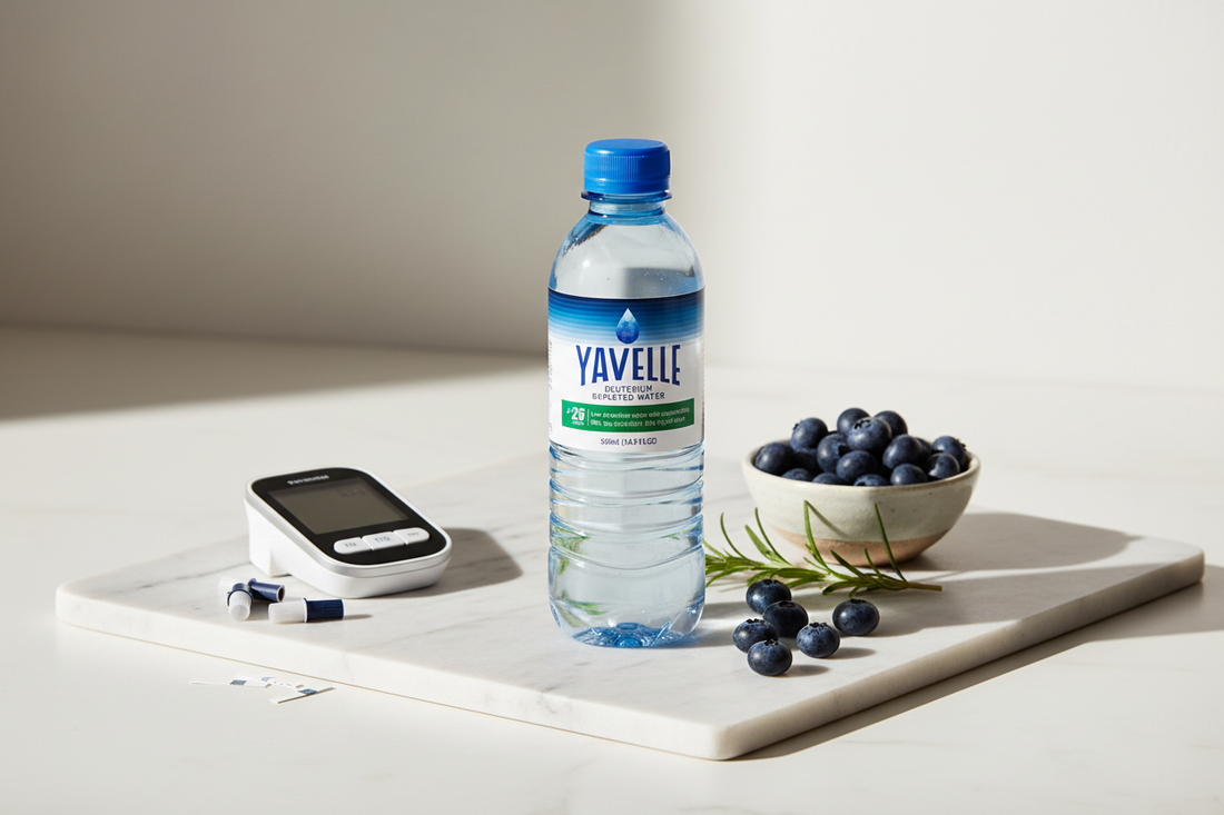 Yavelle 25ppm deuterium-depleted water bottle with a blood glucose monitor and fresh blueberries on white marble — DDW and metabolic health