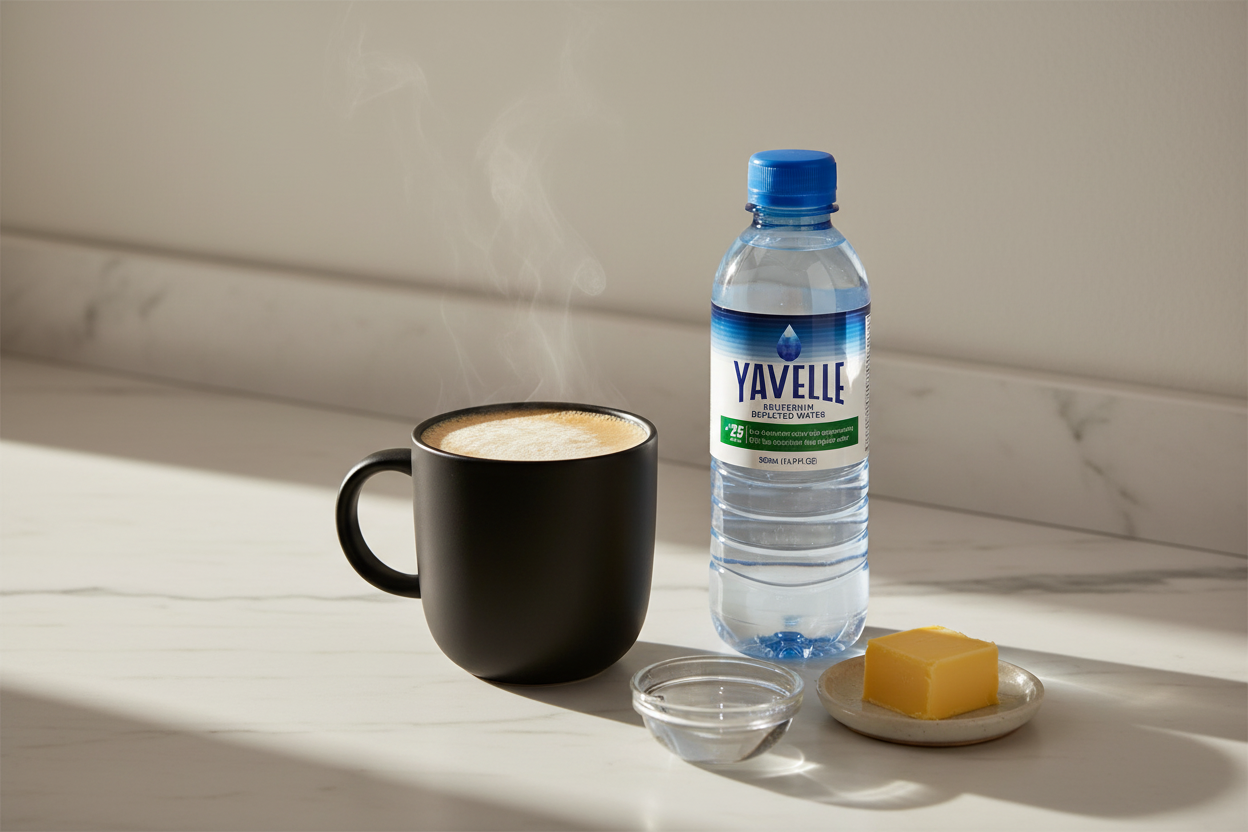 A frothy bulletproof coffee in a ceramic mug beside a Yavelle 25ppm deuterium-depleted water bottle, grass-fed butter and MCT oil on white marble — a low deuterium keto morning drink.