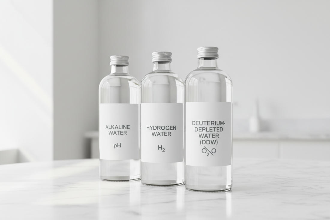 Three premium water bottles comparing DDW, alkaline water and hydrogen water on a white marble surface — Yavelle deuterium-depleted water