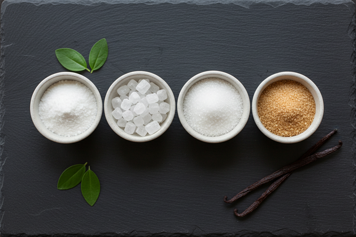 An assortment of common sweeteners including stevia, white sugar, erythritol, and monk fruit arranged on a dark slate surface — comparing deuterium content for a low-deuterium diet