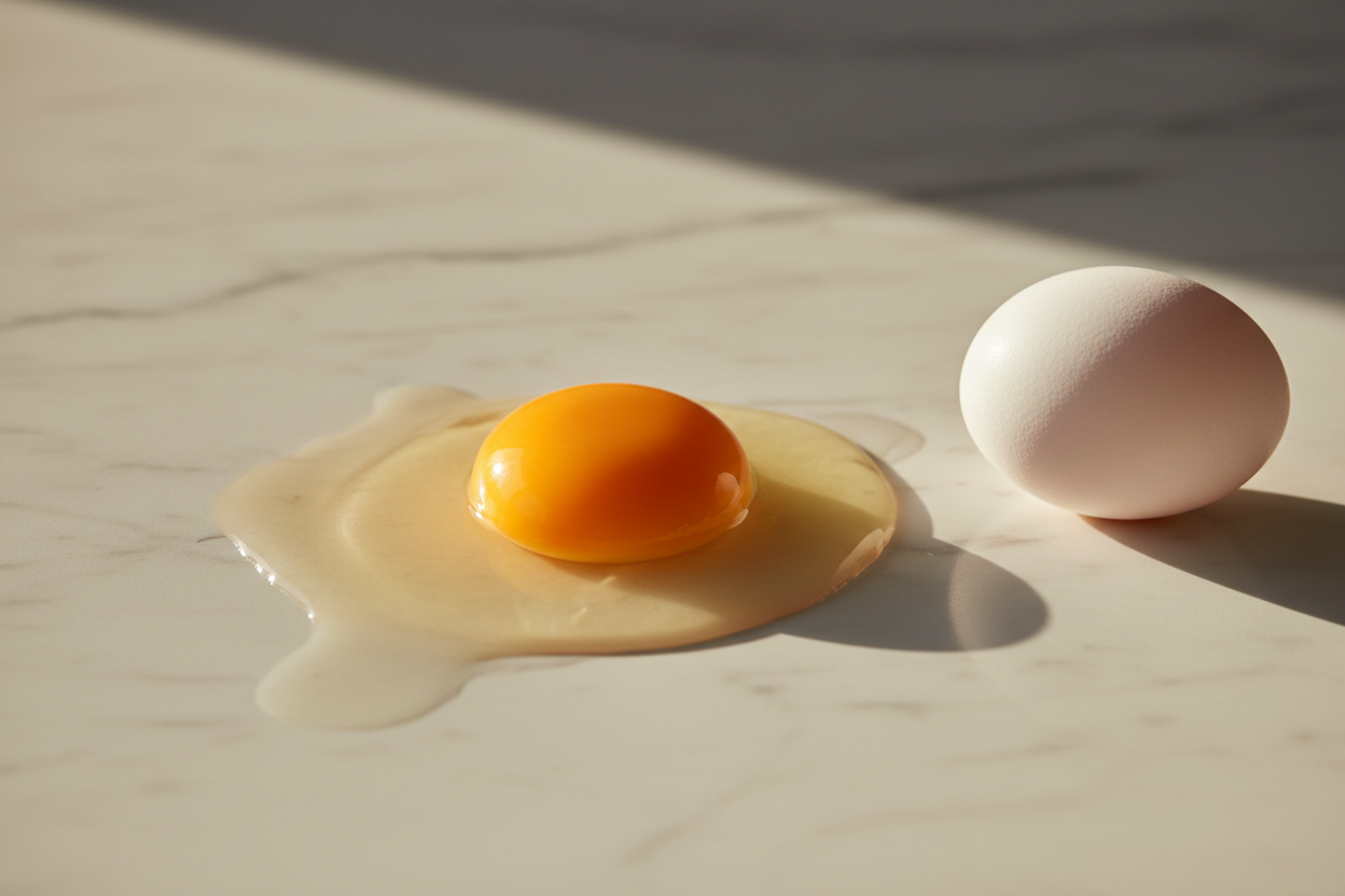 A cracked egg on a marble surface with a rich golden yolk and clear white, illustrating why the fat-rich yolk is the low-deuterium part of the egg