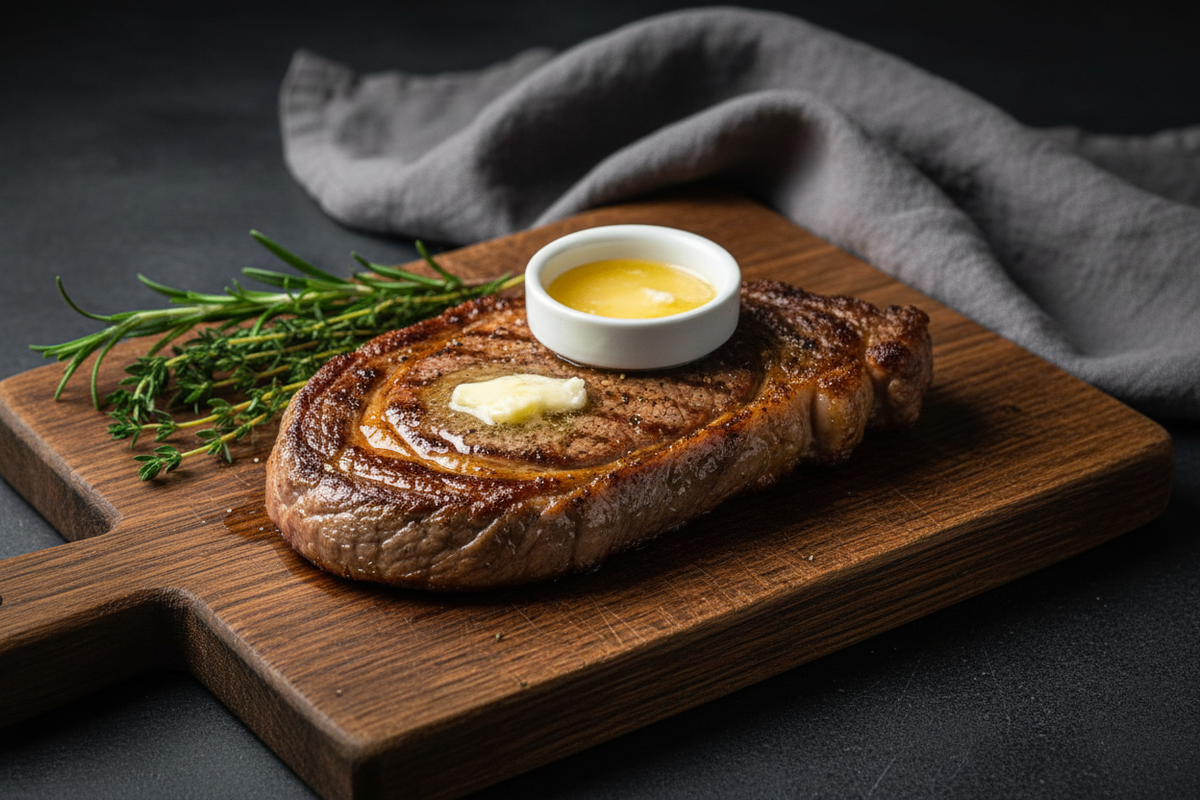 A thick seared grass-fed beef steak resting on a dark wooden board with rosemary, thyme, and melting grass-fed butter — illustrating the deuterium difference between grass-fed and grain-fed meat