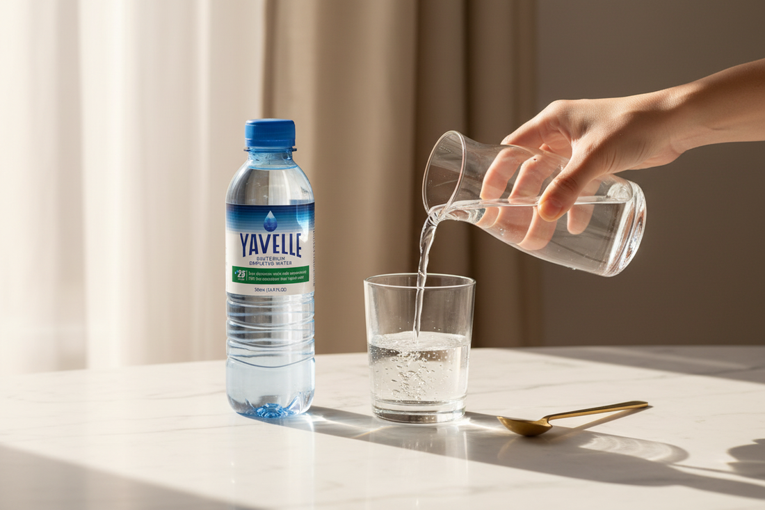 Beginner's guide to a deuterium depletion protocol showing a glass being filled with Yavelle 25ppm deuterium-depleted water beside a simple dilution chart