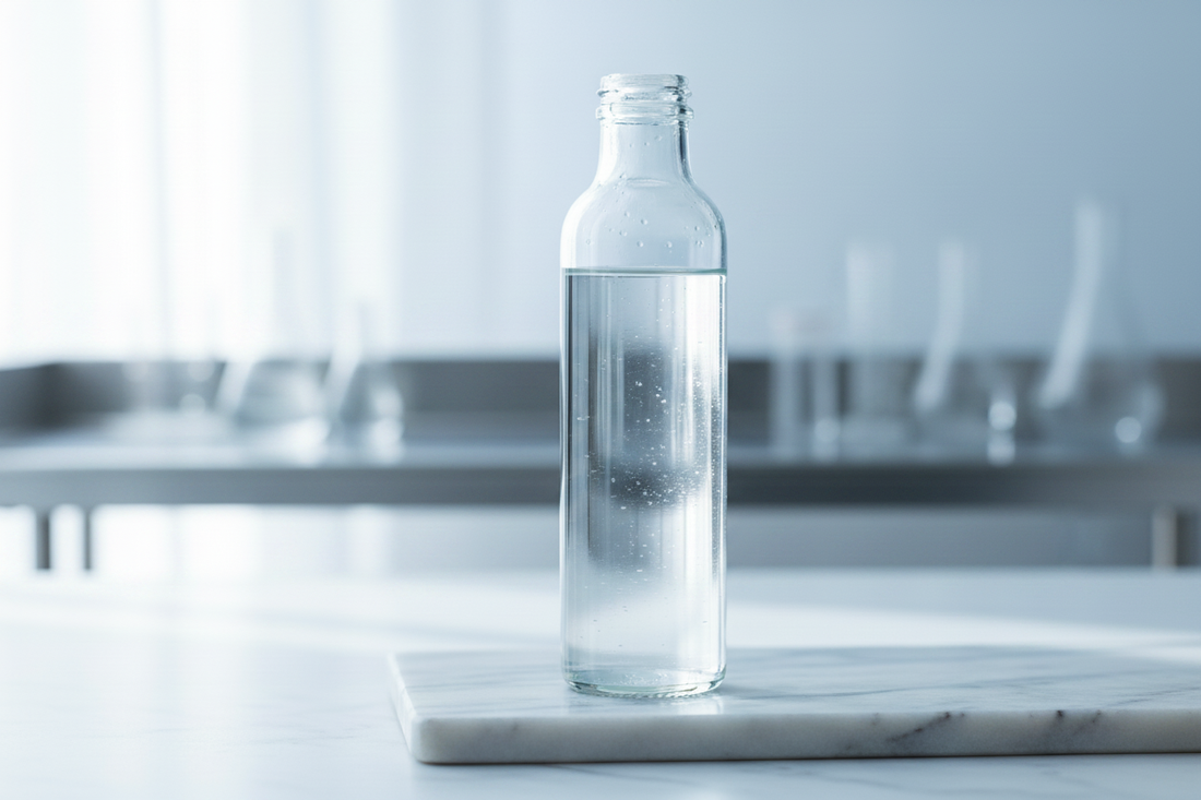 A clear glass bottle of Yavelle 25ppm deuterium-depleted water on a white marble surface, representing purity and safety.