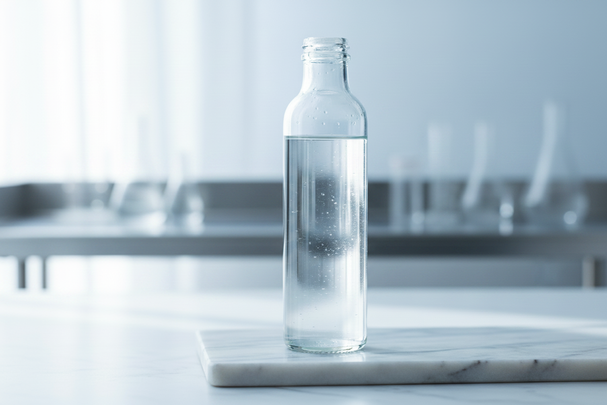 A clear glass bottle of Yavelle 25ppm deuterium-depleted water on a white marble surface, representing purity and safety.