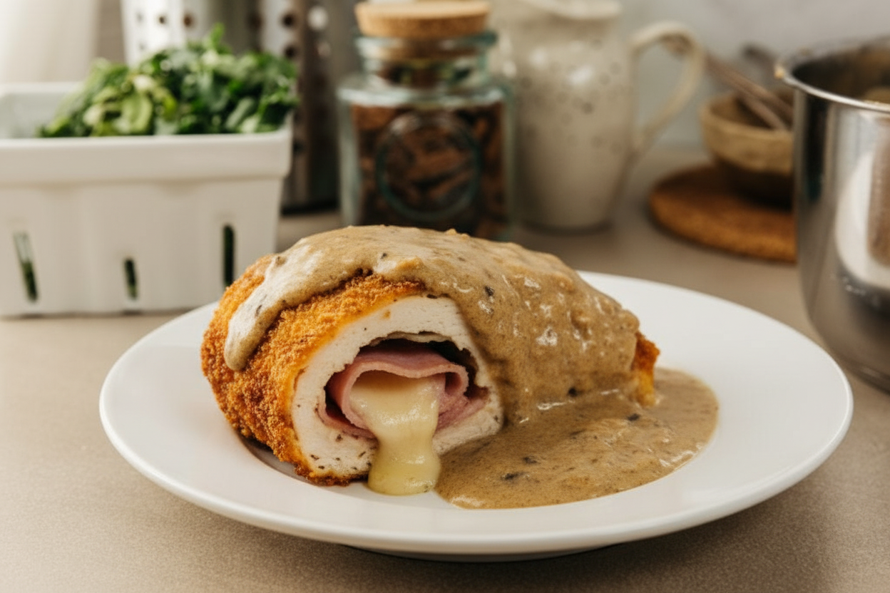 A sliced low deuterium Chicken Cordon Bleu showing layers of grass-fed Swiss cheese and nitrate-free ham inside golden pork rind crumb coating, served with a Dijon cream sauce on a white plate — Yavelle deuterium depleted recipe