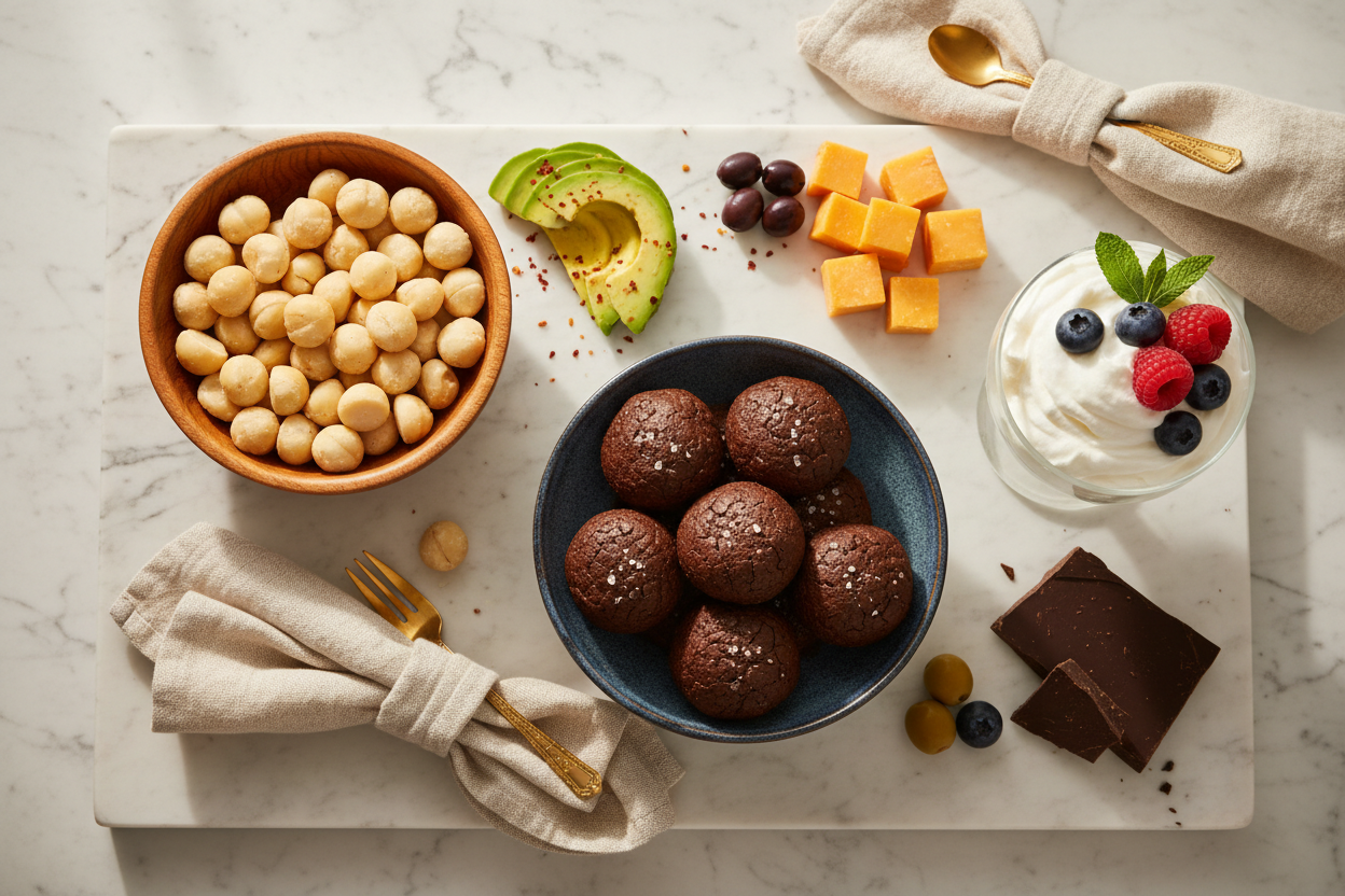 A premium spread of low deuterium keto snacks and fat-based desserts on white marble, including chocolate fat bombs, macadamia nuts, avocado, cheese, olives and whipped coconut cream with berries