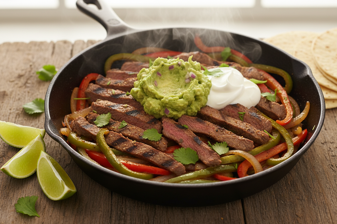 A cast iron skillet of low deuterium steak fajitas with sizzling grass-fed flank steak strips, charred green and red peppers, and onions, served alongside guacamole and lime — Yavelle deuterium depleted recipe