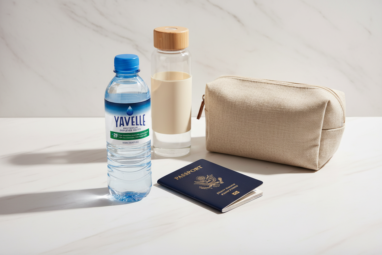 A Yavelle deuterium-depleted water bottle packed alongside a passport and travel bag on a white marble surface, illustrating how to travel with and store DDW.