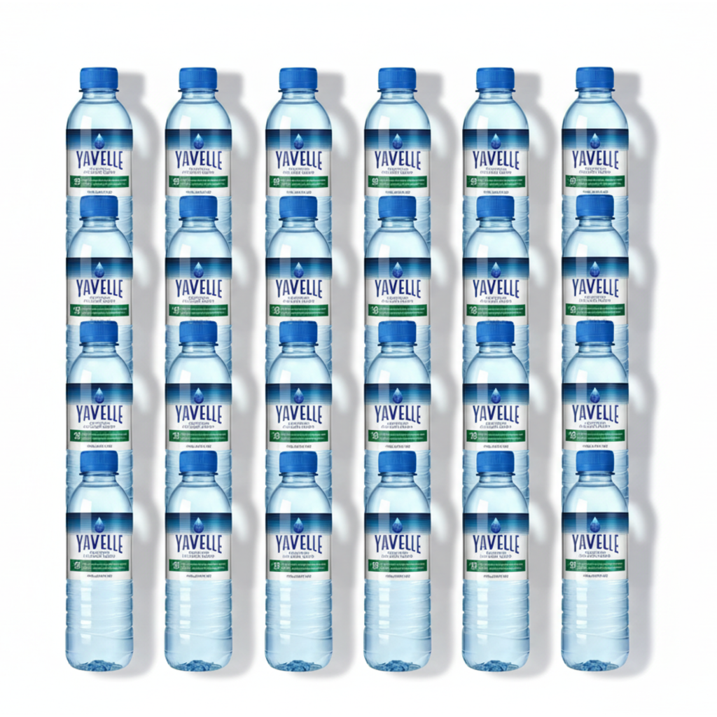 Multiple Yavelle 25ppm DDW bottles arranged showing label detail