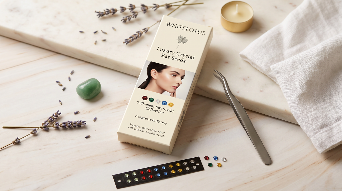 Crystal ear seeds box on a wooden surface